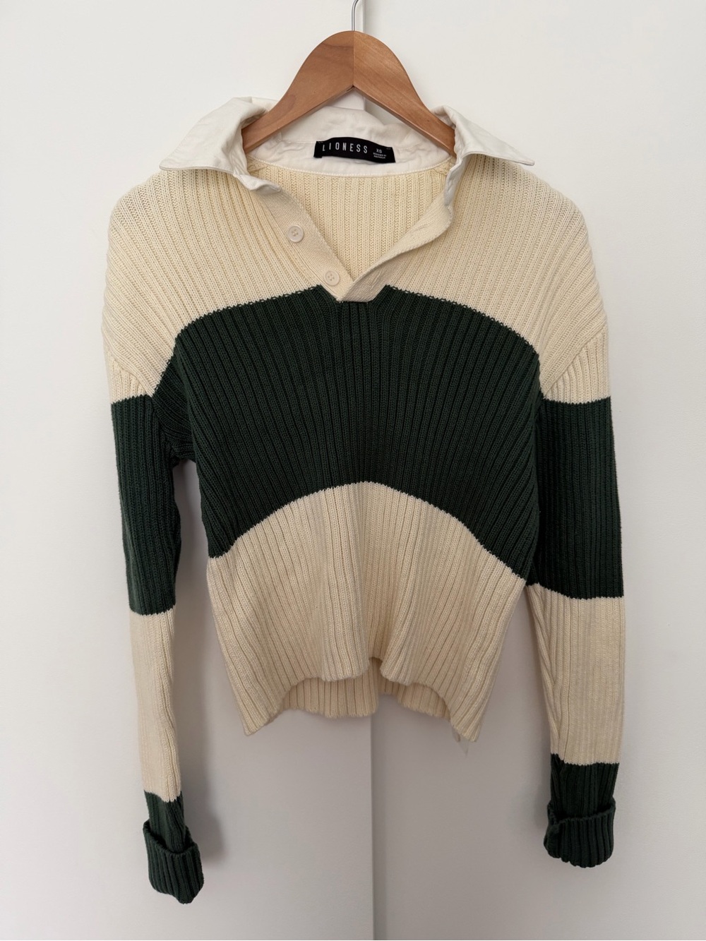 Lioness Prince Rugby Sweater Top in Moss Stripe Green White Collared XS - Picture 4 of 10